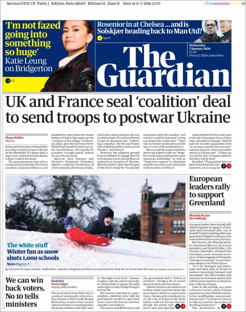 Portada de The Guardian (reino Unido)