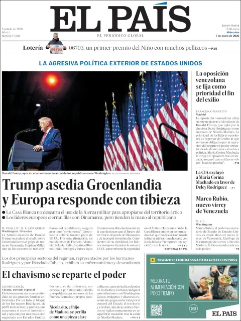 Portada de El Pais del miércoles, 7 de enero de 2026