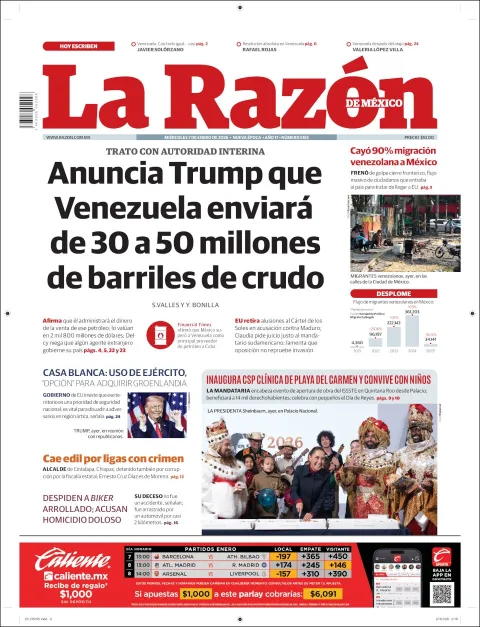 Portada de La Razon del miércoles, 7 de enero de 2026