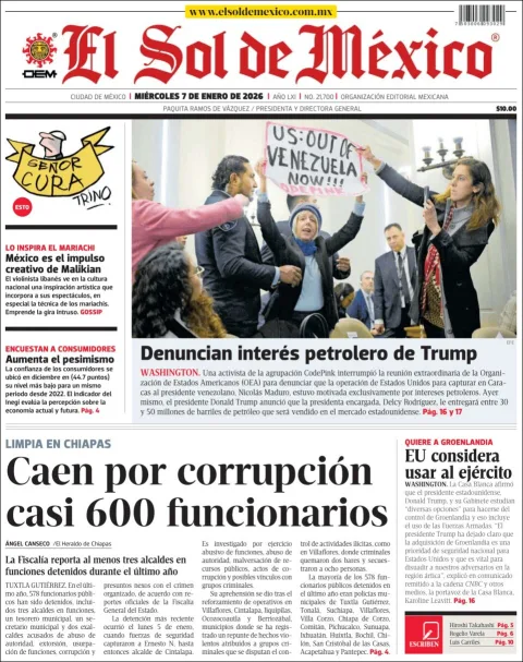Portada de El Sol de Mexico del miércoles, 7 de enero de 2026