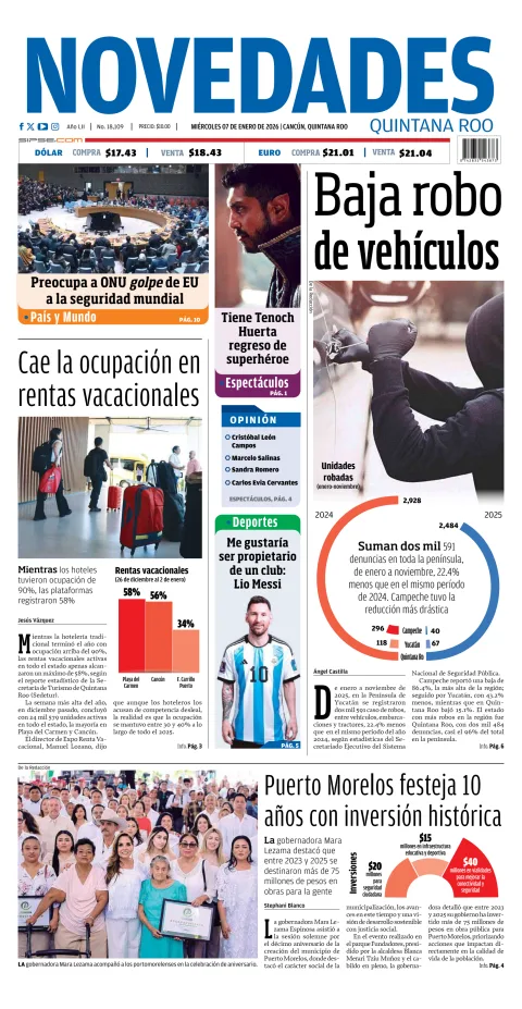 Portada de Novedades Quintana Roo del miércoles, 7 de enero de 2026