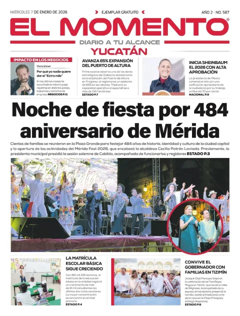Portada de El Momento Yucatan del miércoles, 7 de enero de 2026