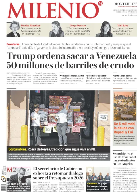 Portada de Milenio del miércoles, 7 de enero de 2026