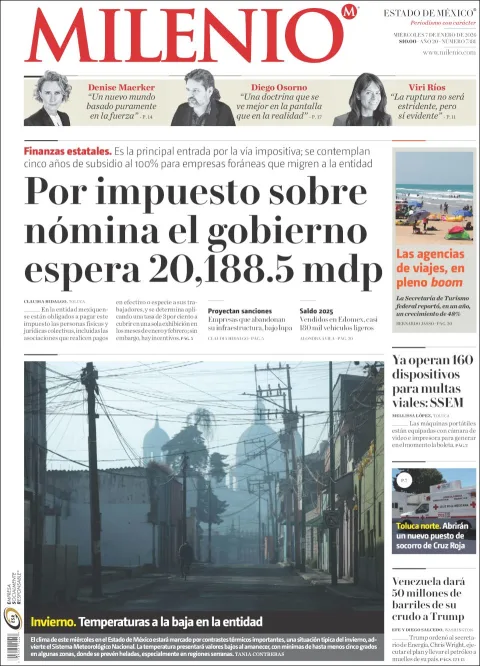 Portada de Milenio Edo de Mexico del miércoles, 7 de enero de 2026