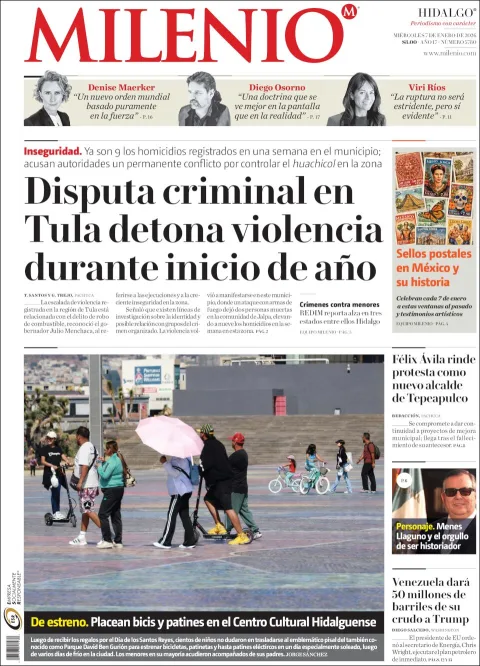 Portada de Milenio Hidalgo del miércoles, 7 de enero de 2026