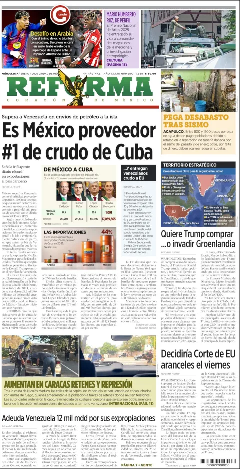 Portada de Reforma del miércoles, 7 de enero de 2026