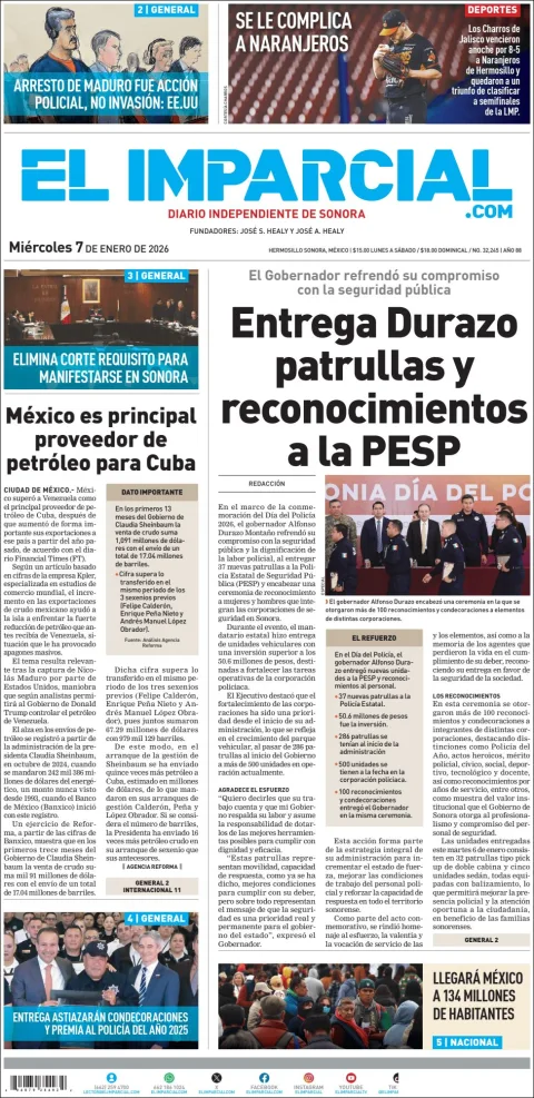 Portada de El Imparcial del miércoles, 7 de enero de 2026