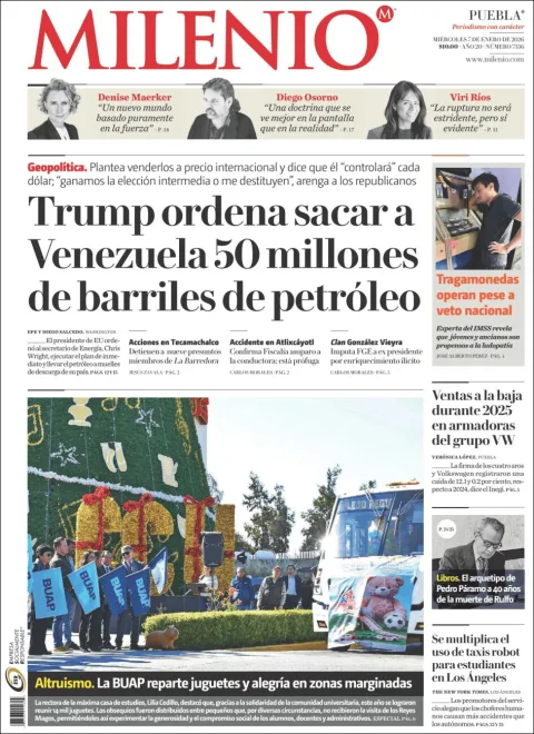 Portada de Milenio Puebla del miércoles, 7 de enero de 2026