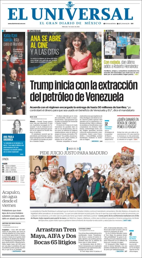 Portada de El Universal del miércoles, 7 de enero de 2026