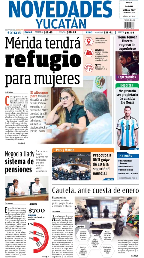 Portada de Novedades Yucatan del miércoles, 7 de enero de 2026