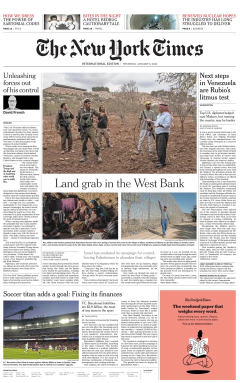 Portada de The New York Times (international) del jueves, 8 de enero de 2026