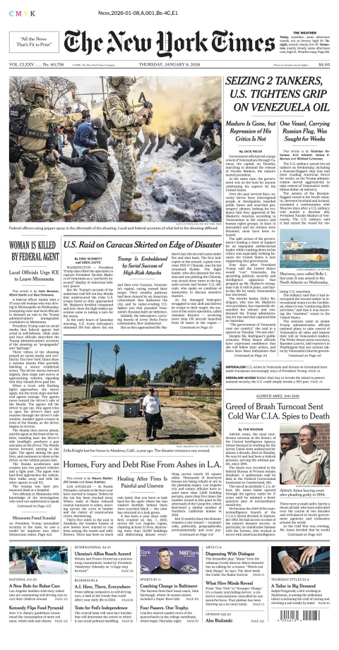 Portada de The New York Times (new York) del jueves, 8 de enero de 2026