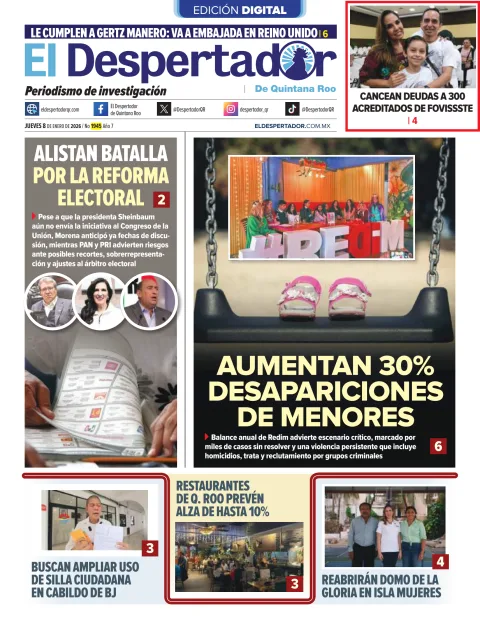 Portada de El Despertador de Quintana Roo del jueves, 8 de enero de 2026