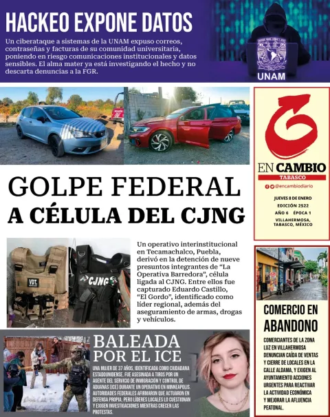 Portada de En Cambio - Tabasco (contraportada) del jueves, 8 de enero de 2026