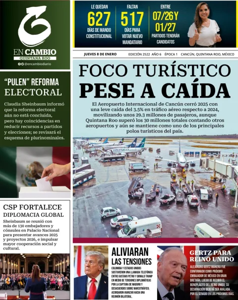 Portada de En Cambio - Quintana Roo (portada) del jueves, 8 de enero de 2026