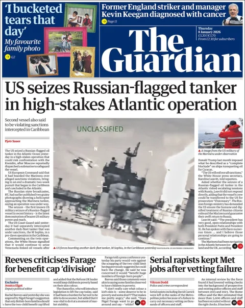 Portada de The Guardian (reino Unido) del jueves, 8 de enero de 2026