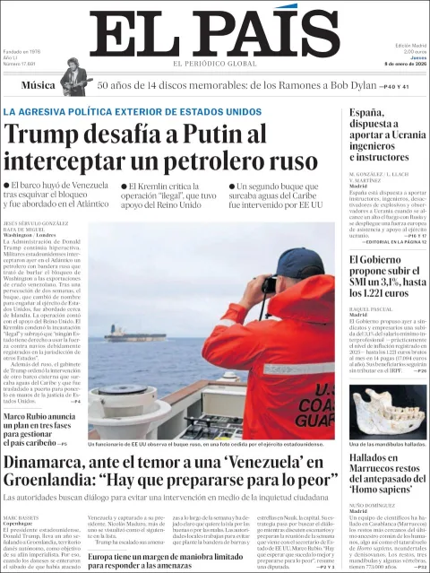 Portada de El Pais del jueves, 8 de enero de 2026
