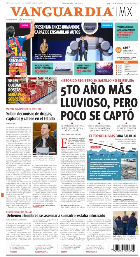 Portada de Vanguardia del jueves, 8 de enero de 2026