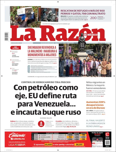 Portada de La Razon del jueves, 8 de enero de 2026