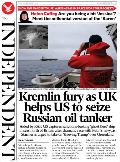 Portada de The Independent del jueves, 8 de enero de 2026