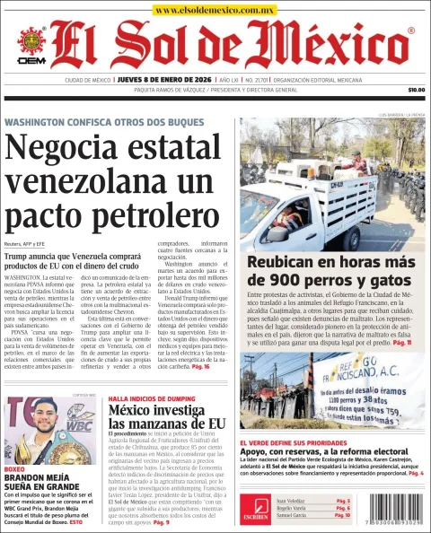 Portada de El Sol de Mexico del jueves, 8 de enero de 2026