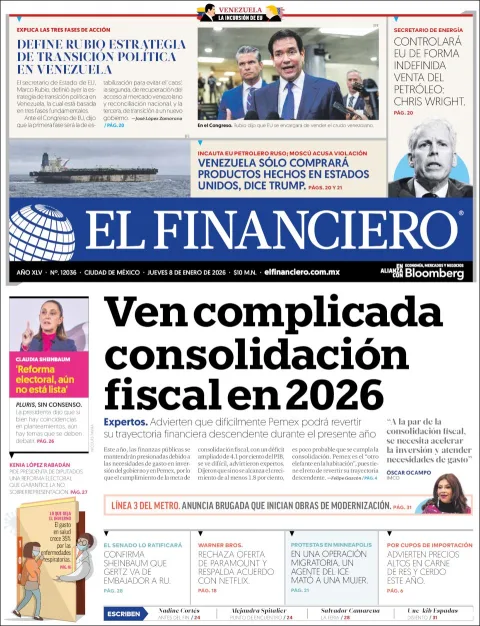 Portada de El Financiero del jueves, 8 de enero de 2026