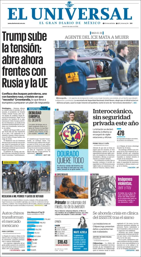 Portada de El Universal del jueves, 8 de enero de 2026