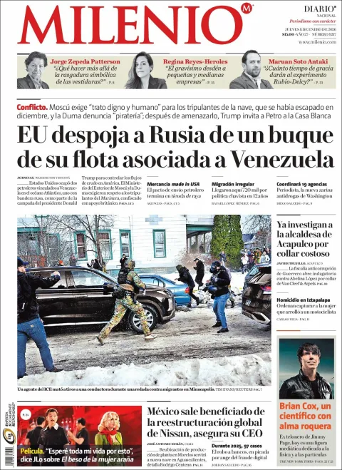 Portada de Milenio del jueves, 8 de enero de 2026