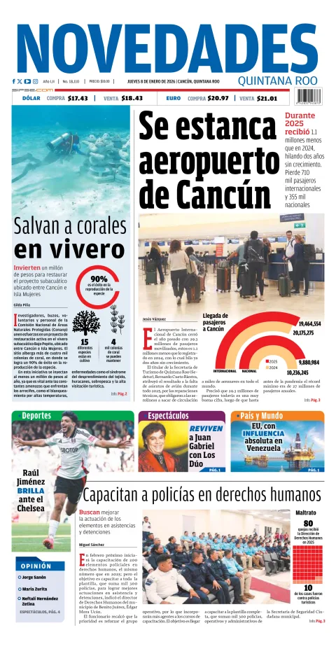 Portada de Novedades Quintana Roo del jueves, 8 de enero de 2026