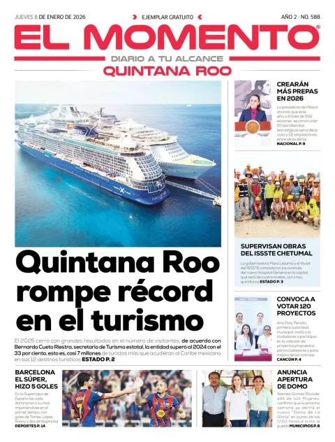 Portada de El Momento Quintana Roo del jueves, 8 de enero de 2026