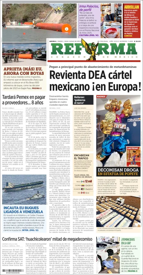 Portada de Reforma del jueves, 8 de enero de 2026