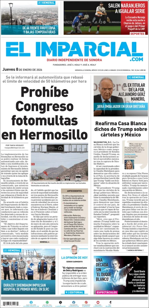 Portada de El Imparcial del jueves, 8 de enero de 2026