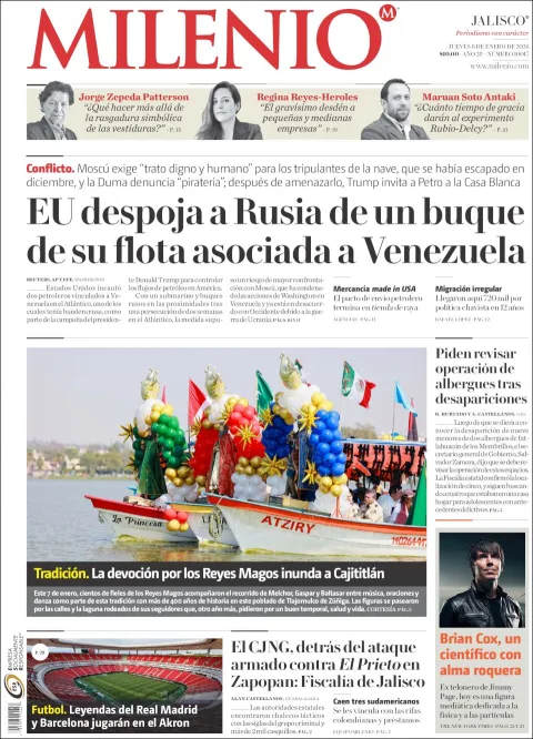 Portada de Milenio Jalisco del jueves, 8 de enero de 2026