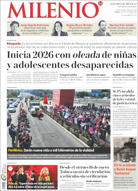 Portada de Milenio Edo de Mexico del jueves, 8 de enero de 2026