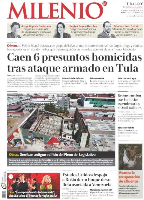 Portada de Milenio Hidalgo del jueves, 8 de enero de 2026