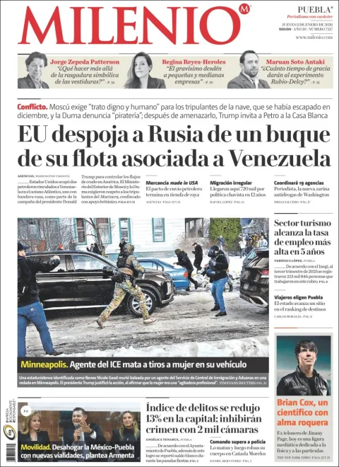Portada de Milenio Puebla del jueves, 8 de enero de 2026