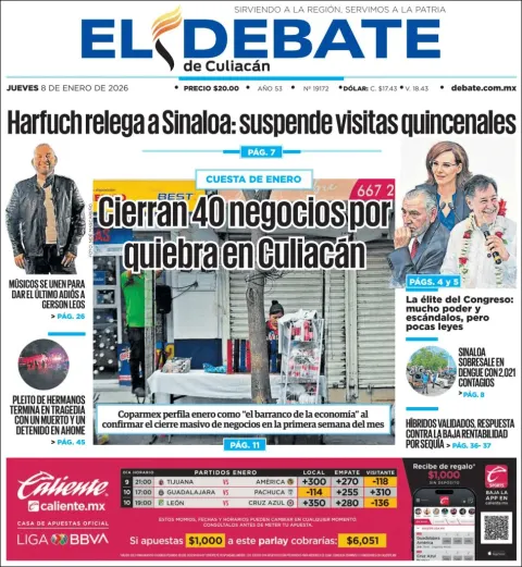 Portada de El Debate de Culiacan del jueves, 8 de enero de 2026