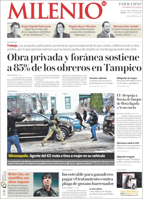 Portada de Milenio Tamaulipas del jueves, 8 de enero de 2026