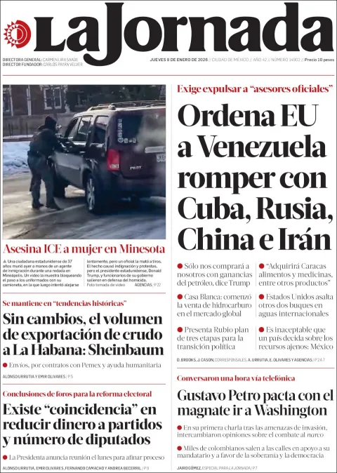 Portada de La Jornada del jueves, 8 de enero de 2026