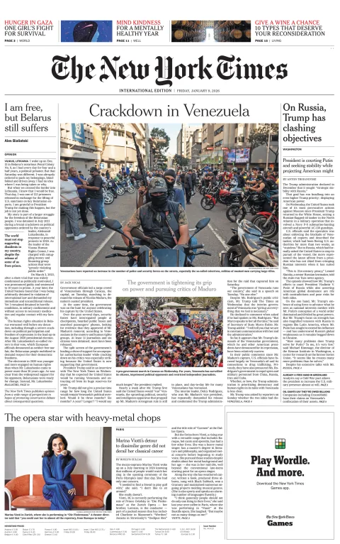 Portada de The New York Times (international) del viernes, 9 de enero de 2026