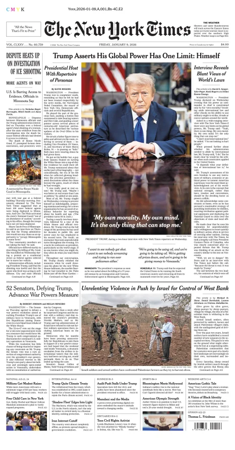 Portada de The New York Times (national) del viernes, 9 de enero de 2026