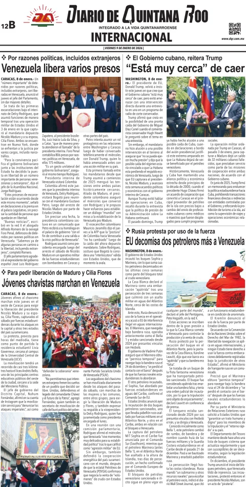 Portada de Diario de Quintana Roo (contra Portada) del viernes, 9 de enero de 2026