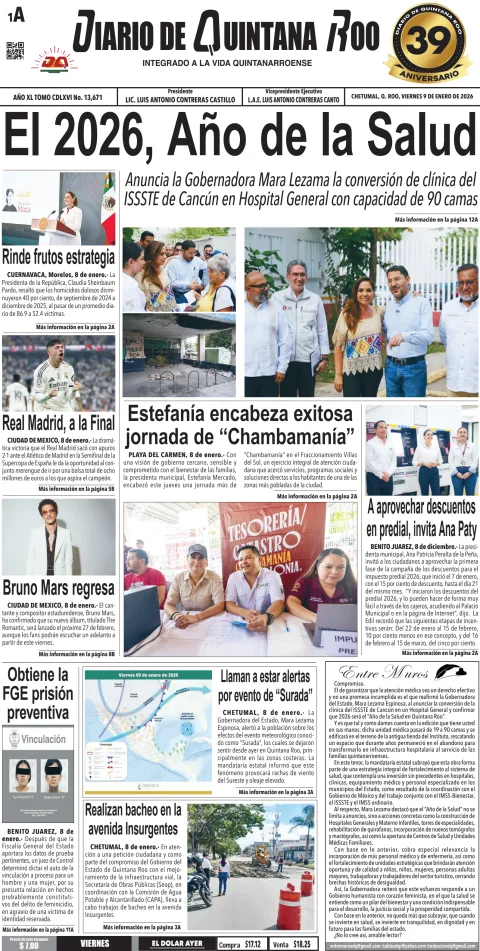 Portada de Diario de Quintana Roo (portada) del viernes, 9 de enero de 2026