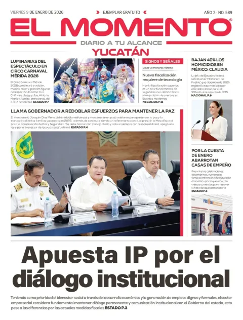 Portada de El Momento Yucatan del viernes, 9 de enero de 2026