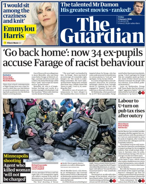 Portada de The Guardian (reino Unido) del viernes, 9 de enero de 2026