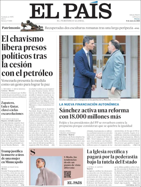 Portada de El Pais del viernes, 9 de enero de 2026