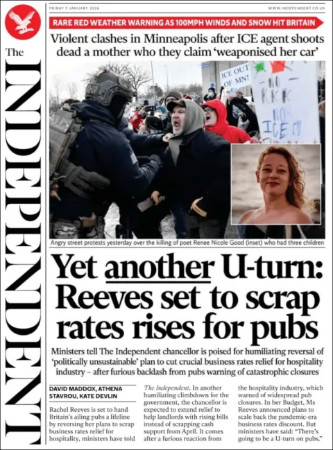 Portada de The Independent del viernes, 9 de enero de 2026