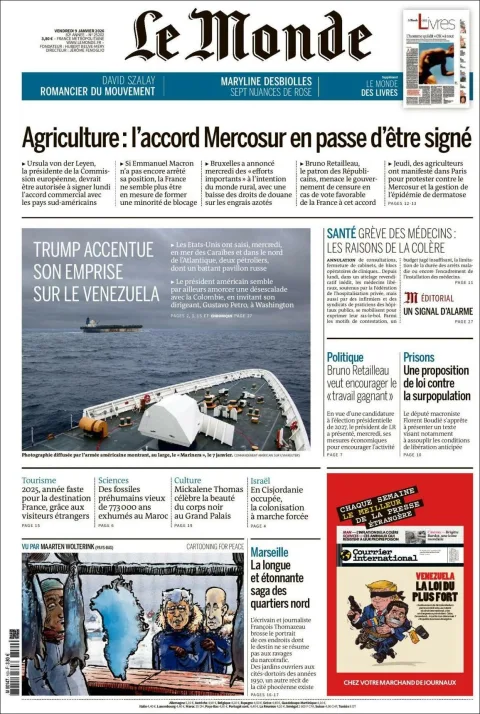 Portada de Le Monde del viernes, 9 de enero de 2026