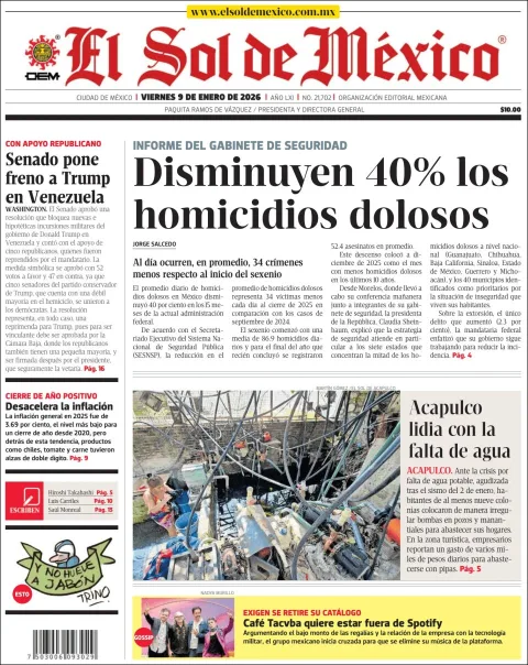 Portada de El Sol de Mexico del viernes, 9 de enero de 2026