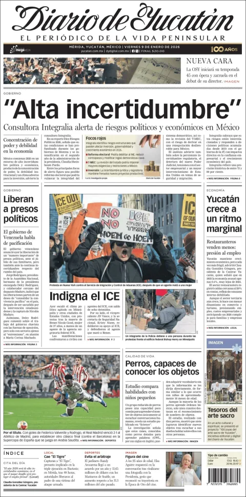 Portada de Diario de Yucatán del viernes, 9 de enero de 2026